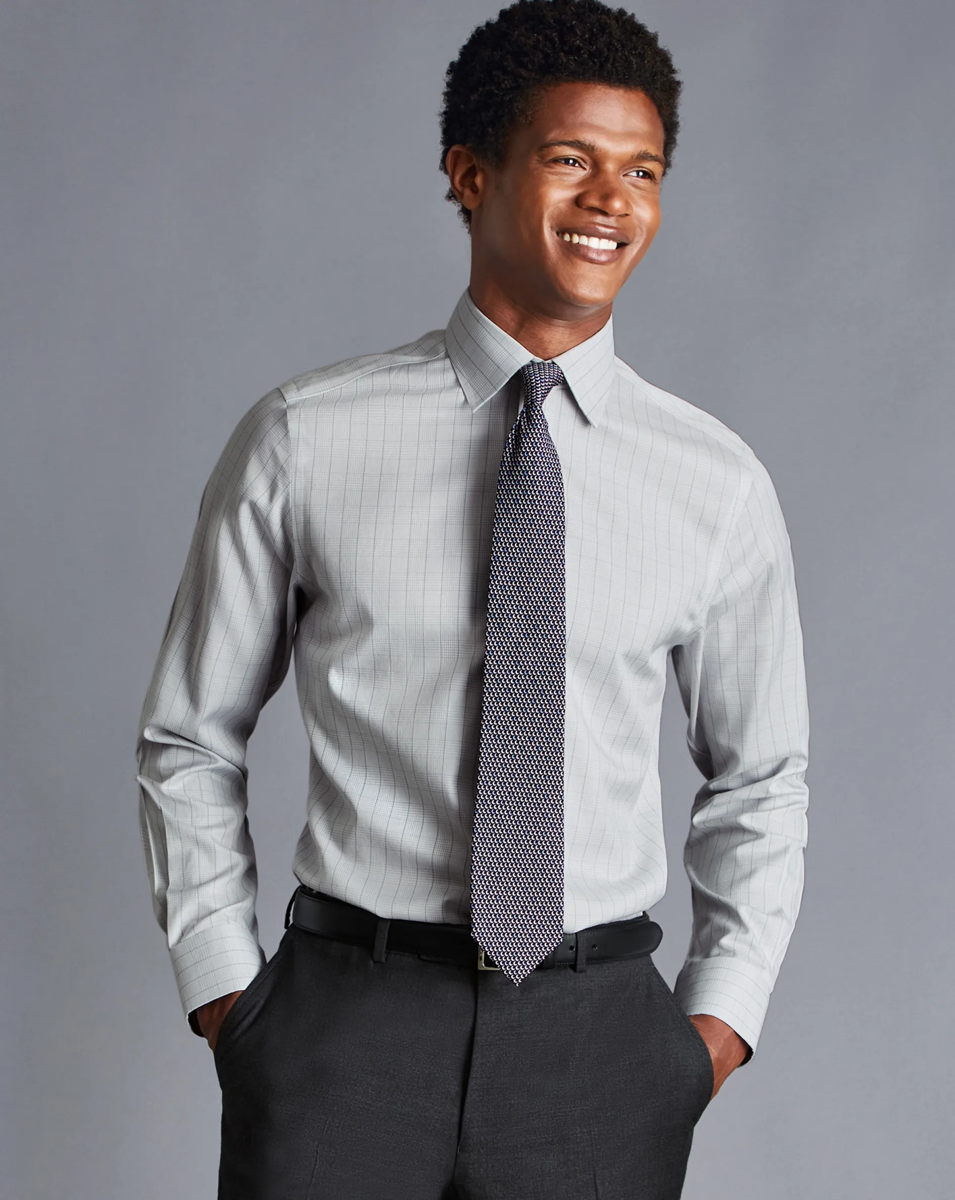 Hot Charles Tyrwhitt Non-Iron Twill Prince Of Wales Check Shirt - Grey Silver