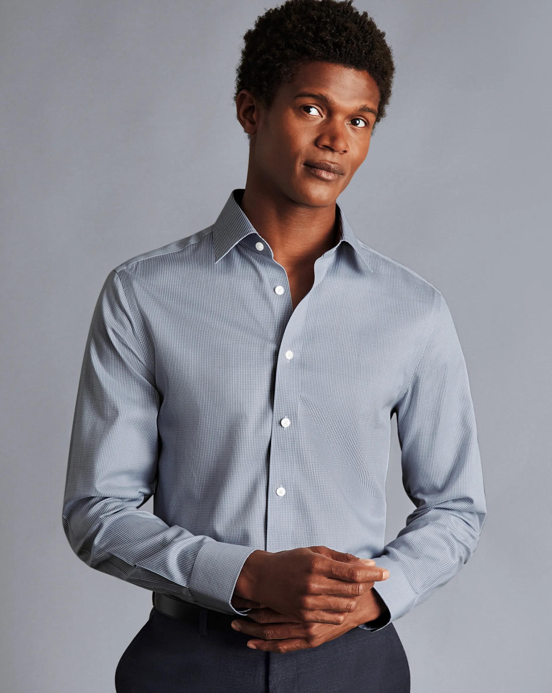 Best Charles Tyrwhitt Non-Iron Twill Puppytooth Check Shirt - Steel Blue