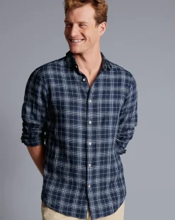 Best Charles Tyrwhitt Pure Linen Check Shirt - French Blue
