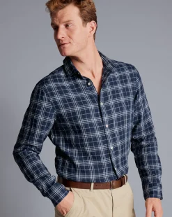 Best Charles Tyrwhitt Pure Linen Check Shirt - French Blue