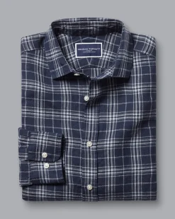Best Charles Tyrwhitt Pure Linen Check Shirt - French Blue