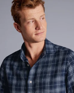 Best Charles Tyrwhitt Pure Linen Check Shirt - French Blue