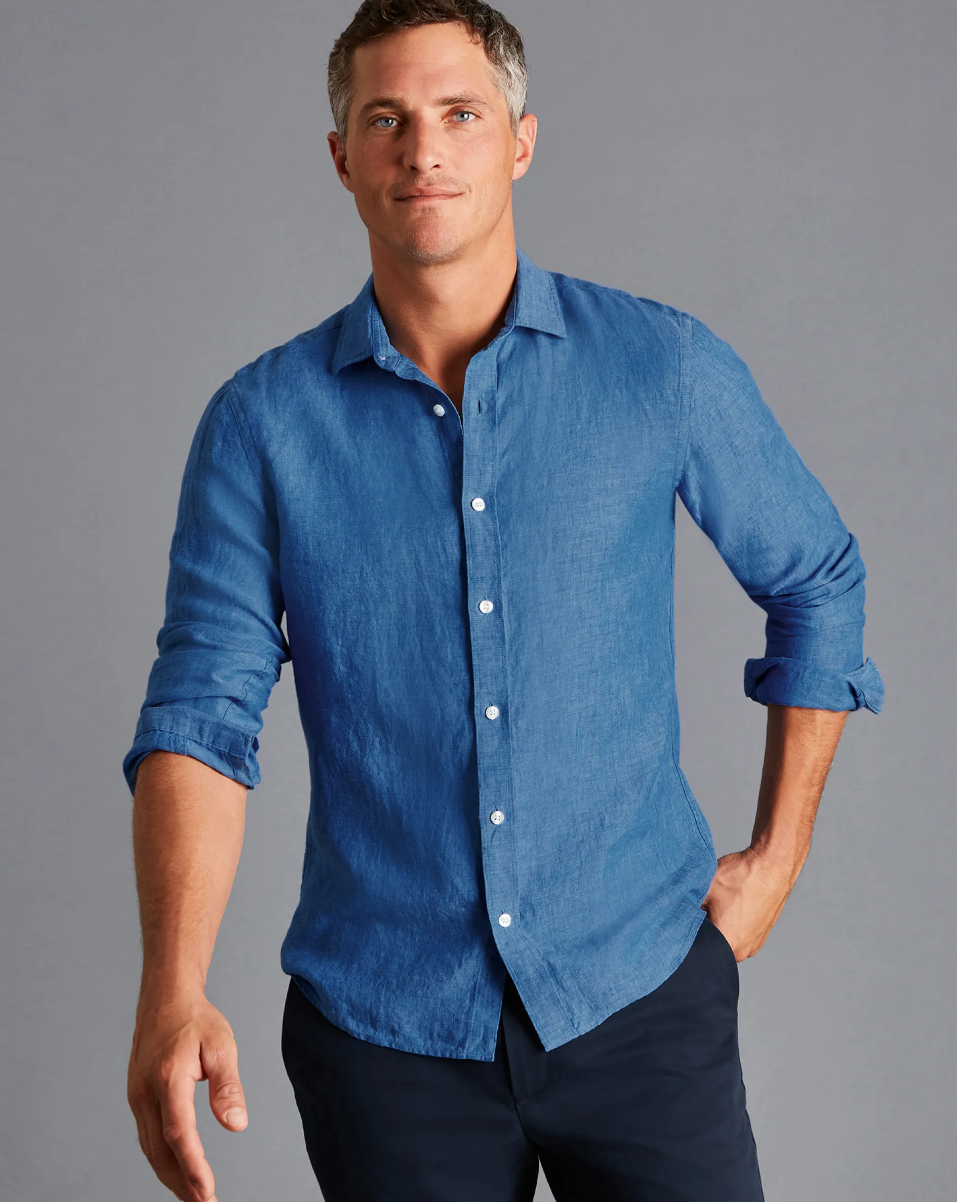 Sale Charles Tyrwhitt Pure Linen Shirt - Ocean Blue