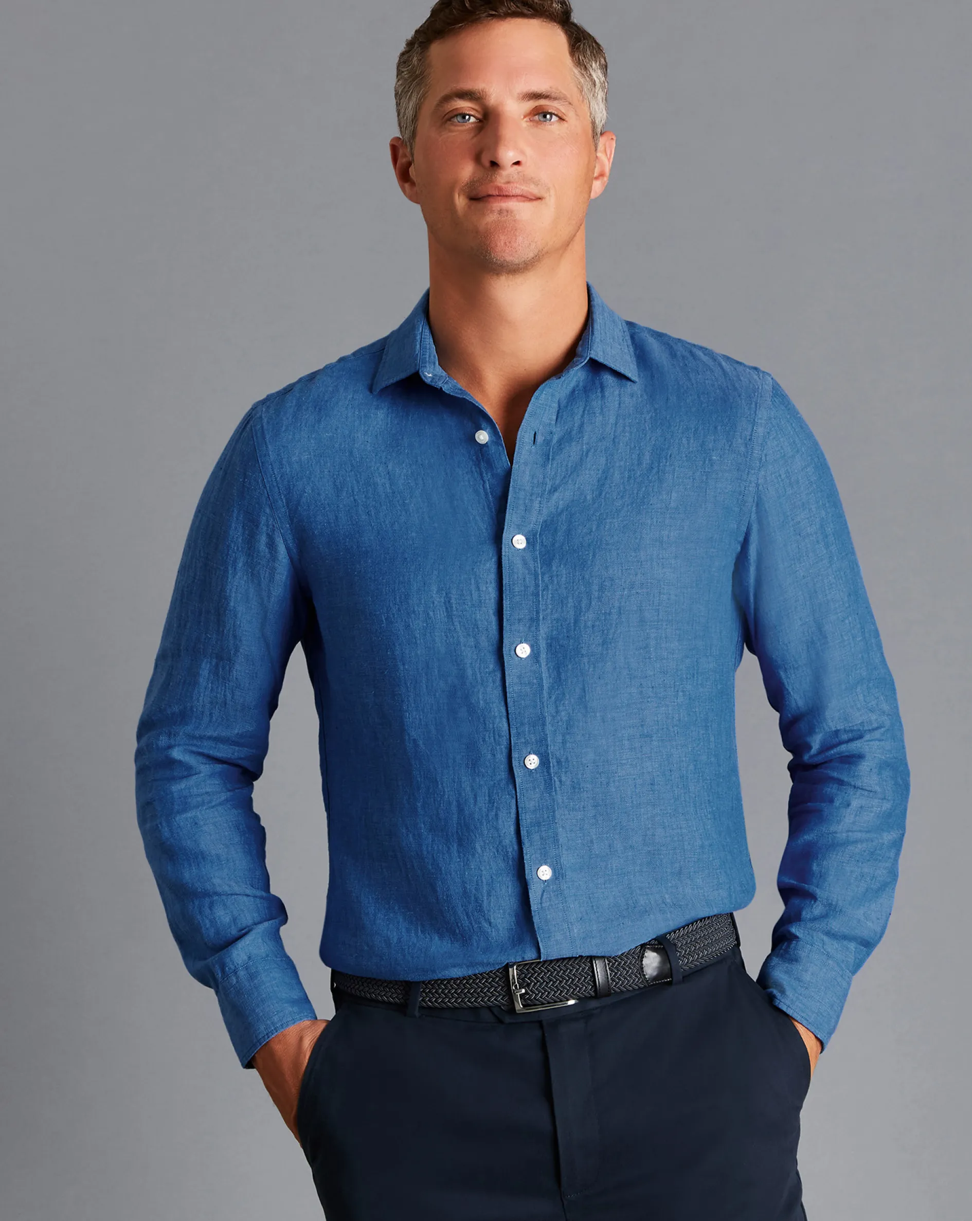 Sale Charles Tyrwhitt Pure Linen Shirt - Ocean Blue