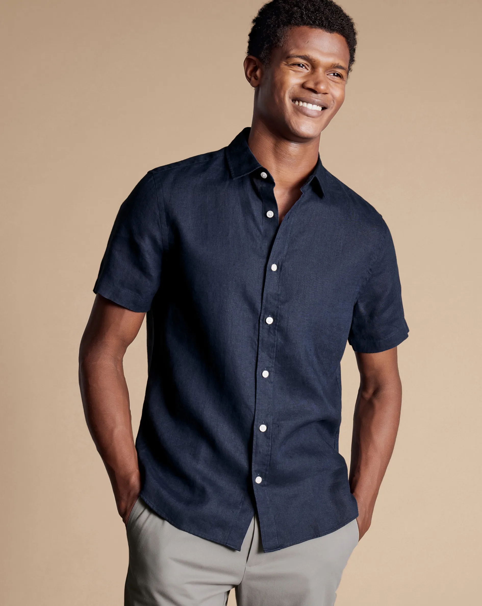 Cheap Charles Tyrwhitt Pure Linen Short Sleeve Shirt - Navy