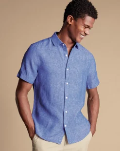 Outlet Charles Tyrwhitt Pure Linen Short Sleeve Shirt - Cobalt Blue