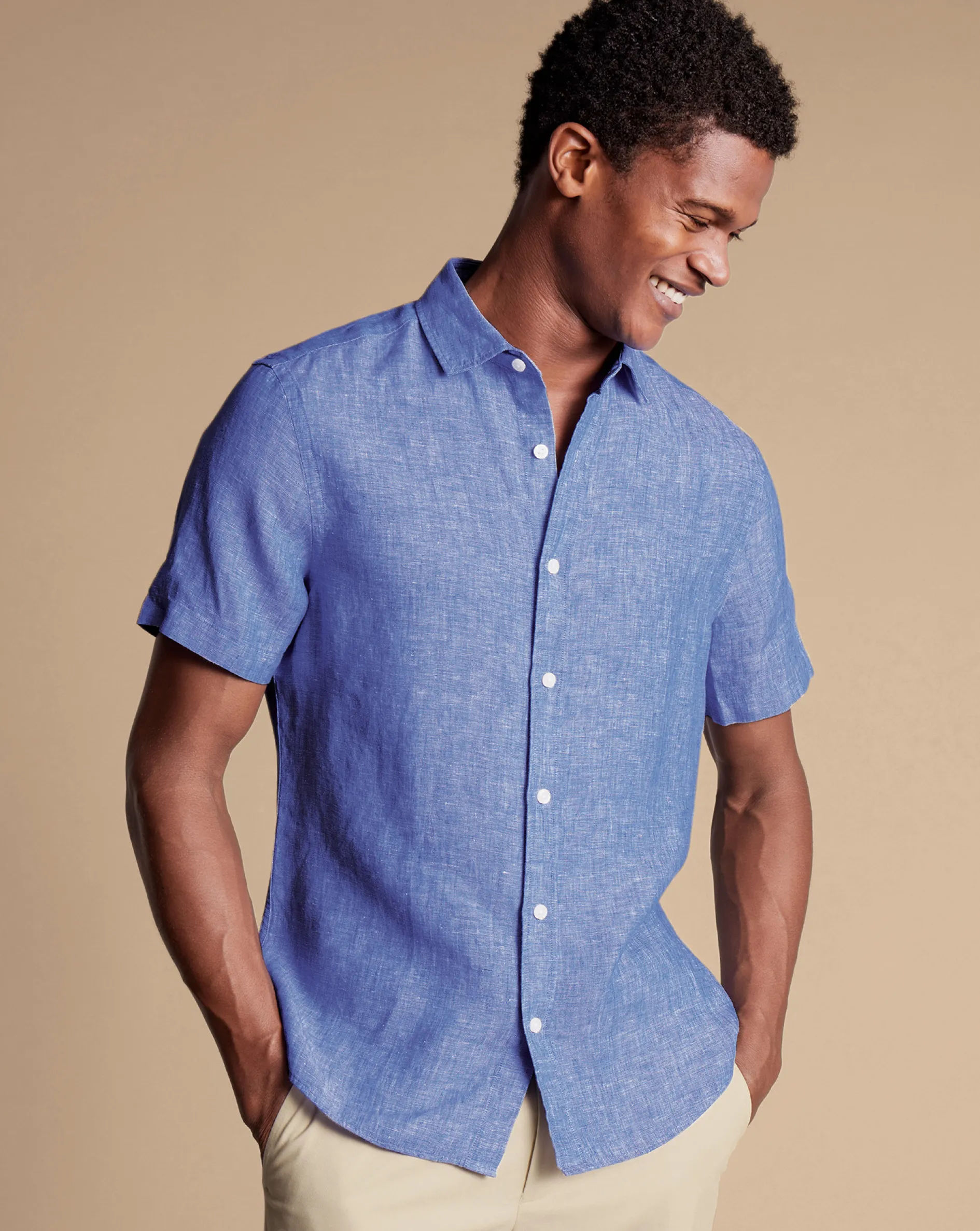 Outlet Charles Tyrwhitt Pure Linen Short Sleeve Shirt - Cobalt Blue