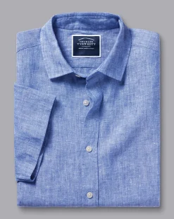 Outlet Charles Tyrwhitt Pure Linen Short Sleeve Shirt - Cobalt Blue