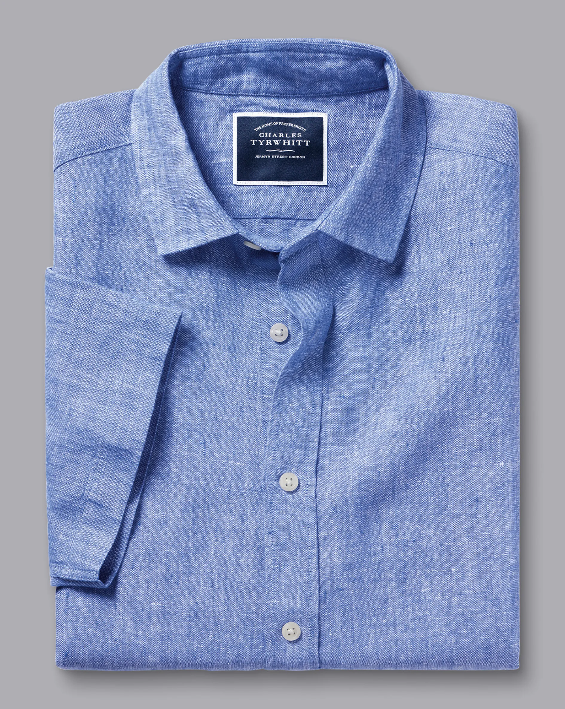 Outlet Charles Tyrwhitt Pure Linen Short Sleeve Shirt - Cobalt Blue