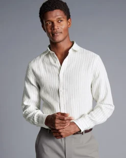 Sale Charles Tyrwhitt Pure Linen Stripe Shirt - Limestone Limestone & White