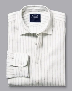 Sale Charles Tyrwhitt Pure Linen Stripe Shirt - Limestone Limestone & White