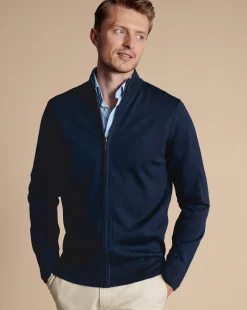 Discount Charles Tyrwhitt Pure Merino Full Zip-Through Cardigan - Navy
