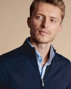 Discount Charles Tyrwhitt Pure Merino Full Zip-Through Cardigan - Navy