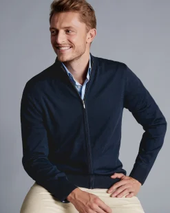 Discount Charles Tyrwhitt Pure Merino Full Zip-Through Cardigan - Navy