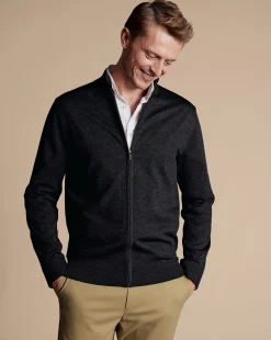Cheap Charles Tyrwhitt Pure Merino Full Zip-Through Cardigan - Grey Charcoal