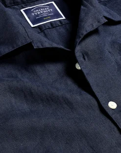 Clearance Charles Tyrwhitt Revere Collar Pure Linen Short Sleeve Shirt - Navy Blue