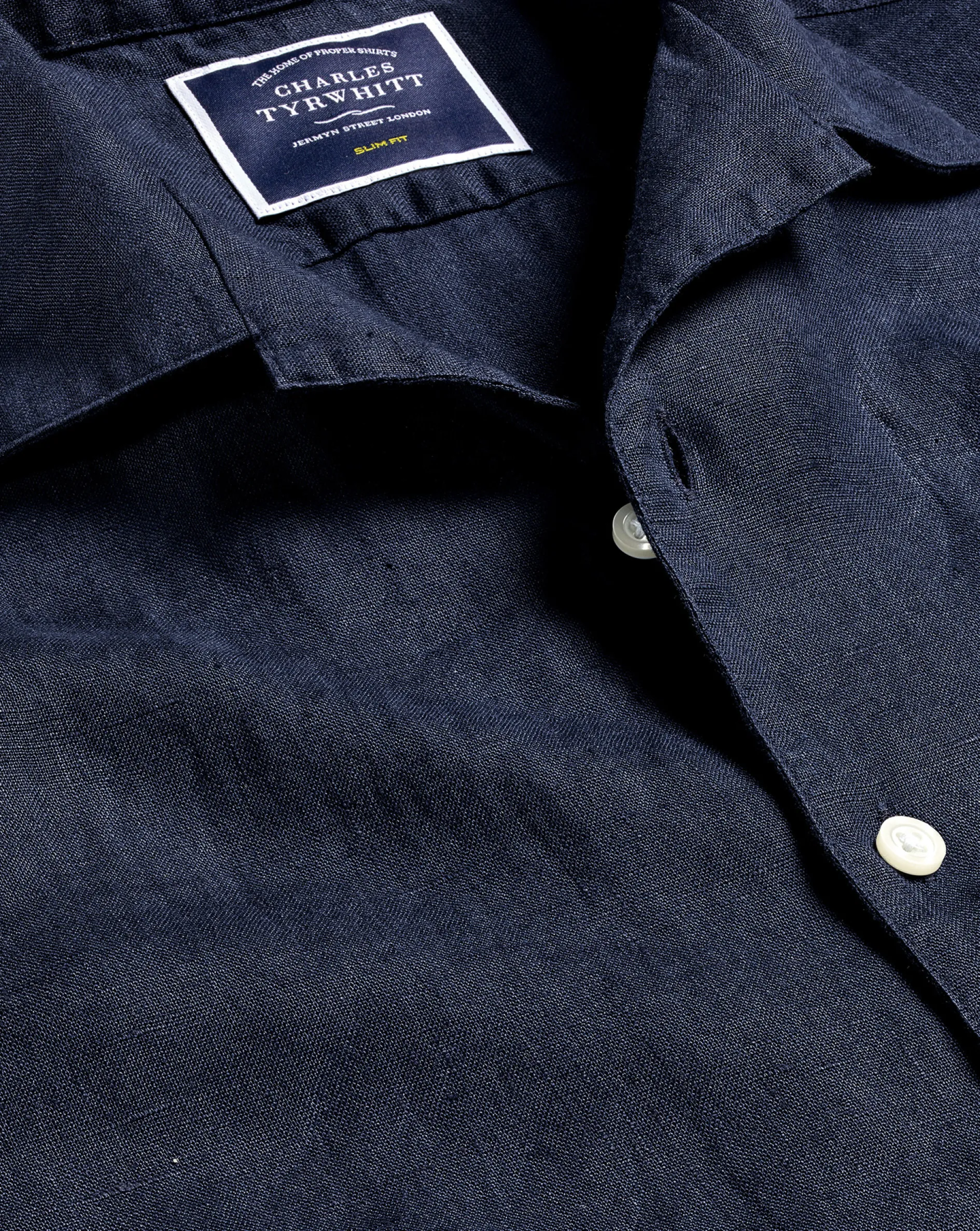 Clearance Charles Tyrwhitt Revere Collar Pure Linen Short Sleeve Shirt - Navy Blue