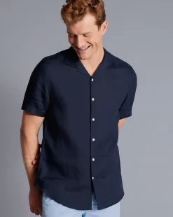 Clearance Charles Tyrwhitt Revere Collar Pure Linen Short Sleeve Shirt - Navy Blue