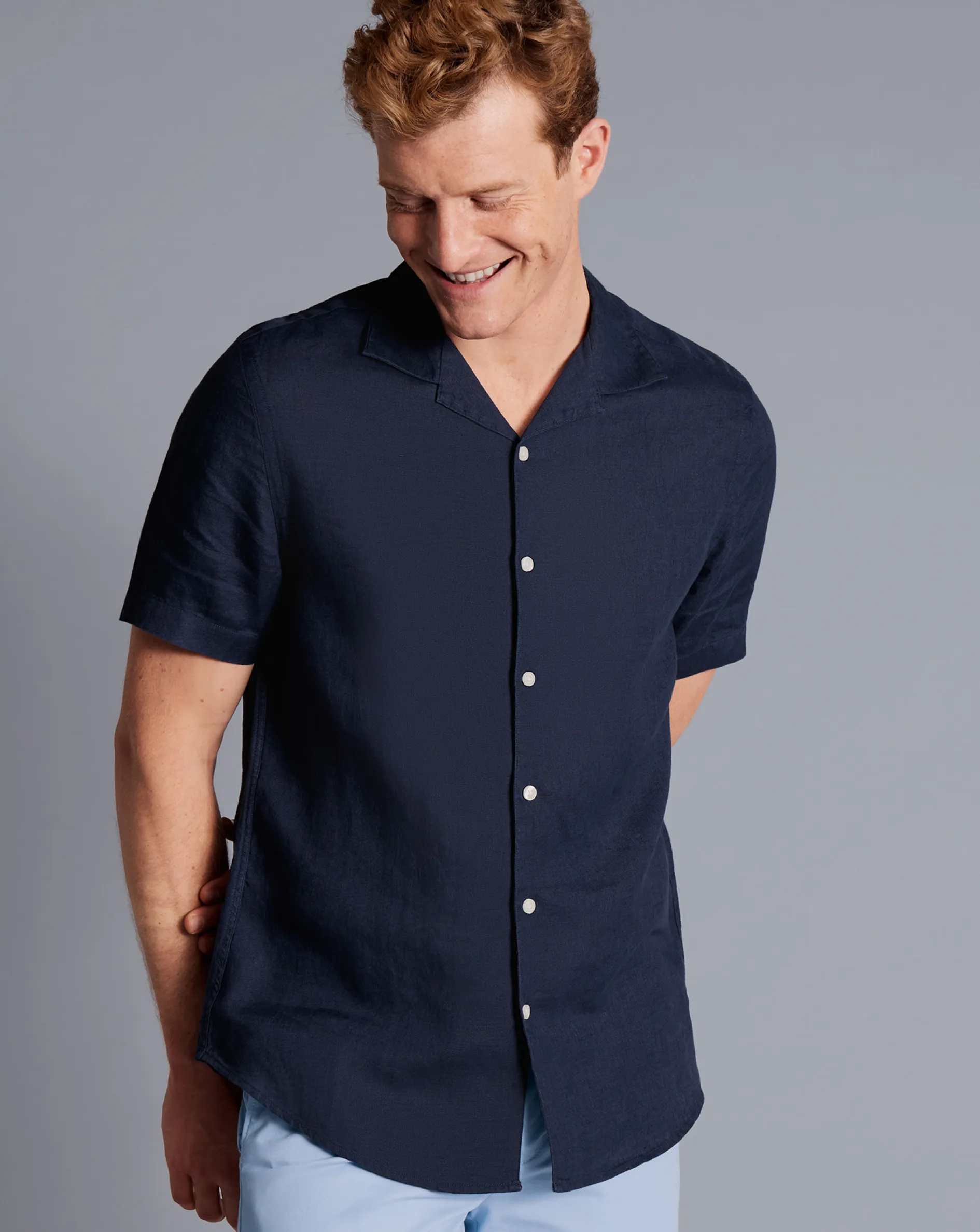Clearance Charles Tyrwhitt Revere Collar Pure Linen Short Sleeve Shirt - Navy Blue