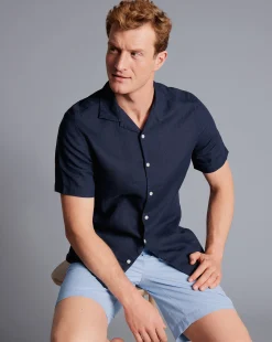 Clearance Charles Tyrwhitt Revere Collar Pure Linen Short Sleeve Shirt - Navy Blue