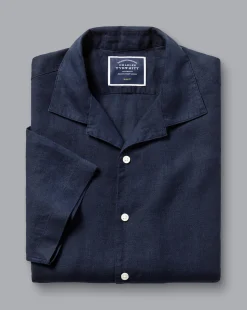 Clearance Charles Tyrwhitt Revere Collar Pure Linen Short Sleeve Shirt - Navy Blue
