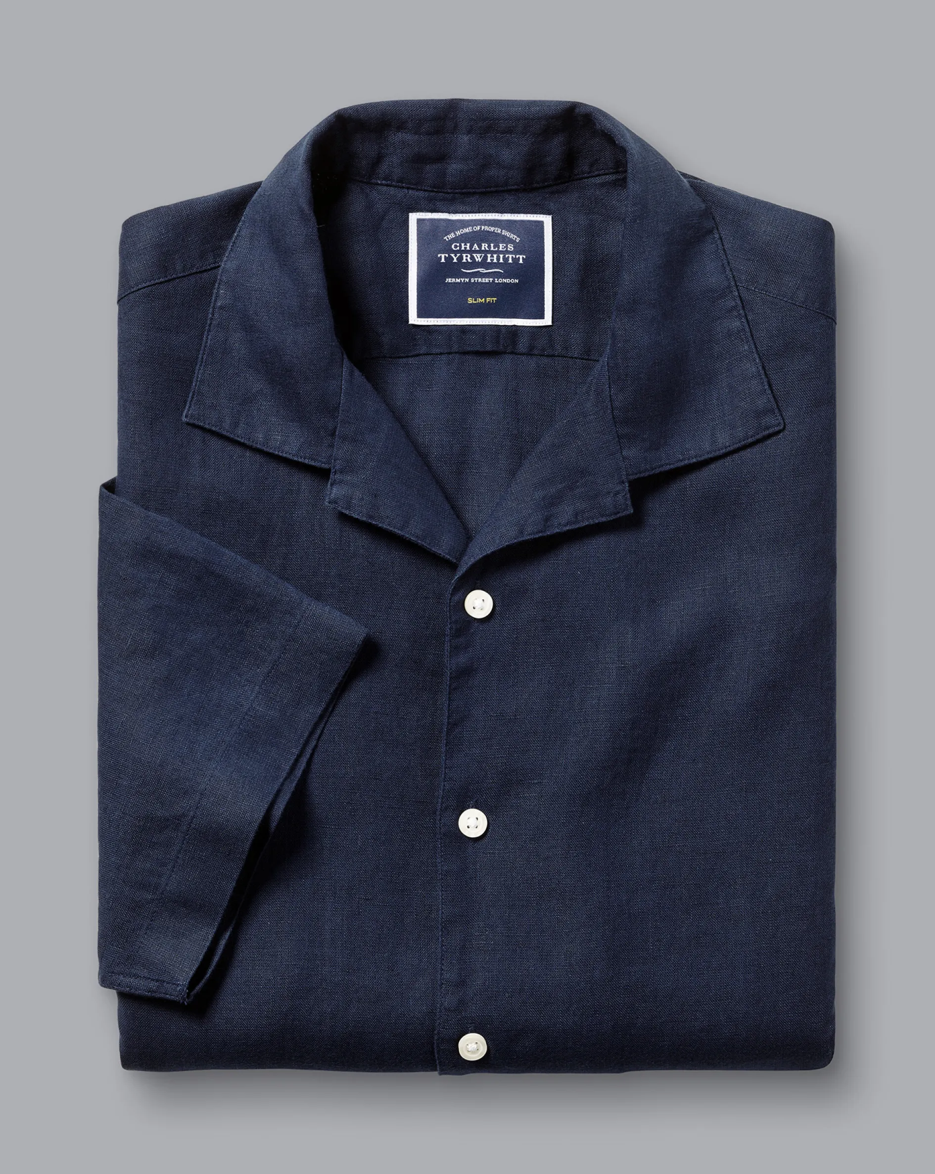Clearance Charles Tyrwhitt Revere Collar Pure Linen Short Sleeve Shirt - Navy Blue