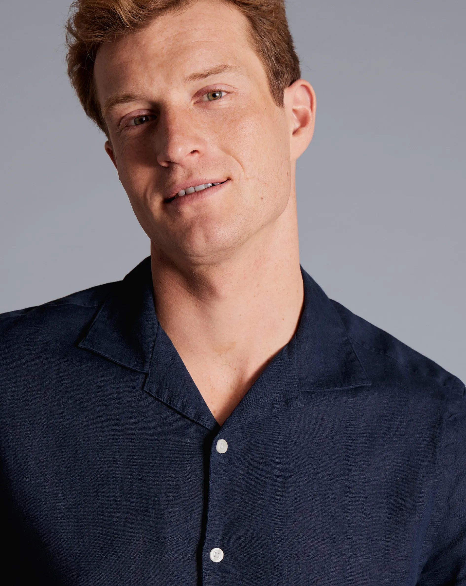 Clearance Charles Tyrwhitt Revere Collar Pure Linen Short Sleeve Shirt - Navy Blue