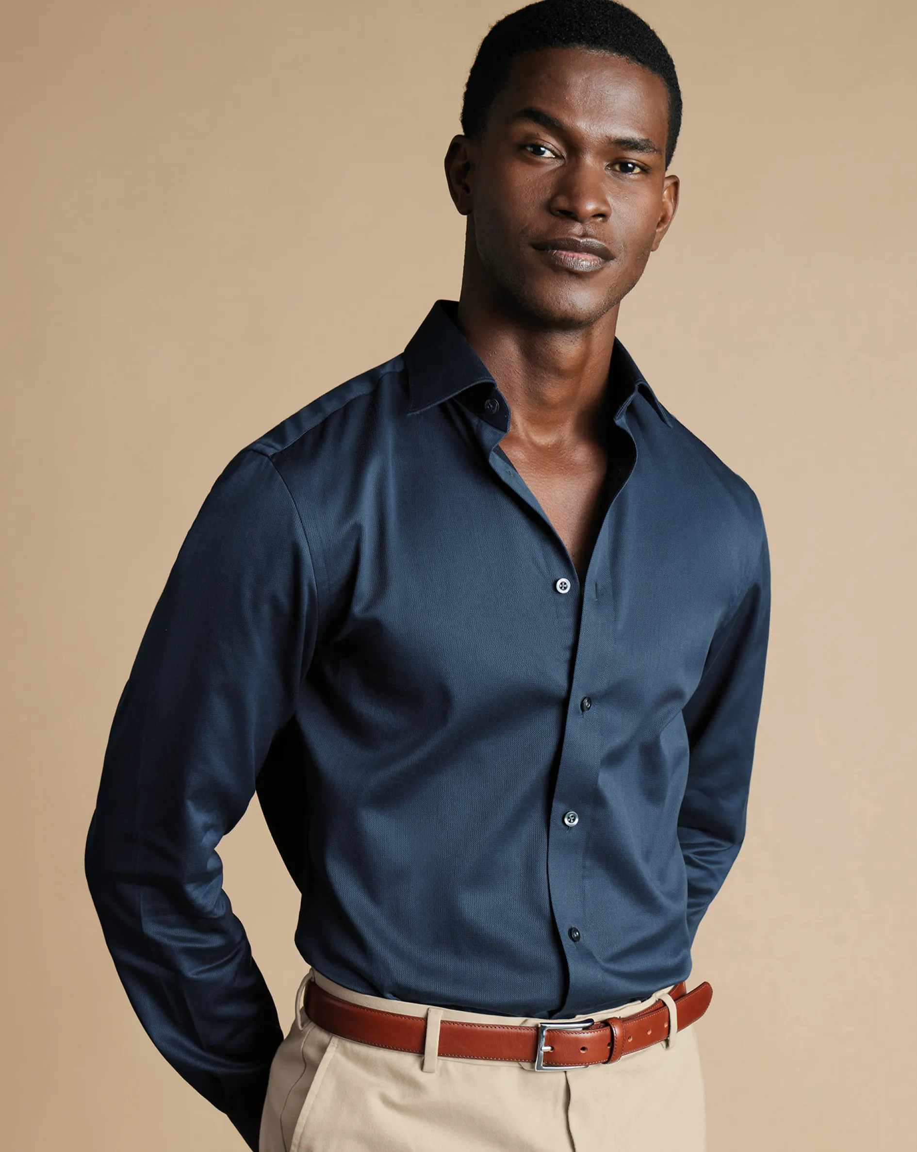 Cheap Charles Tyrwhitt Semi-Spread Collar Egyptian Cotton Windsor Weave Shirt - Steel Blue