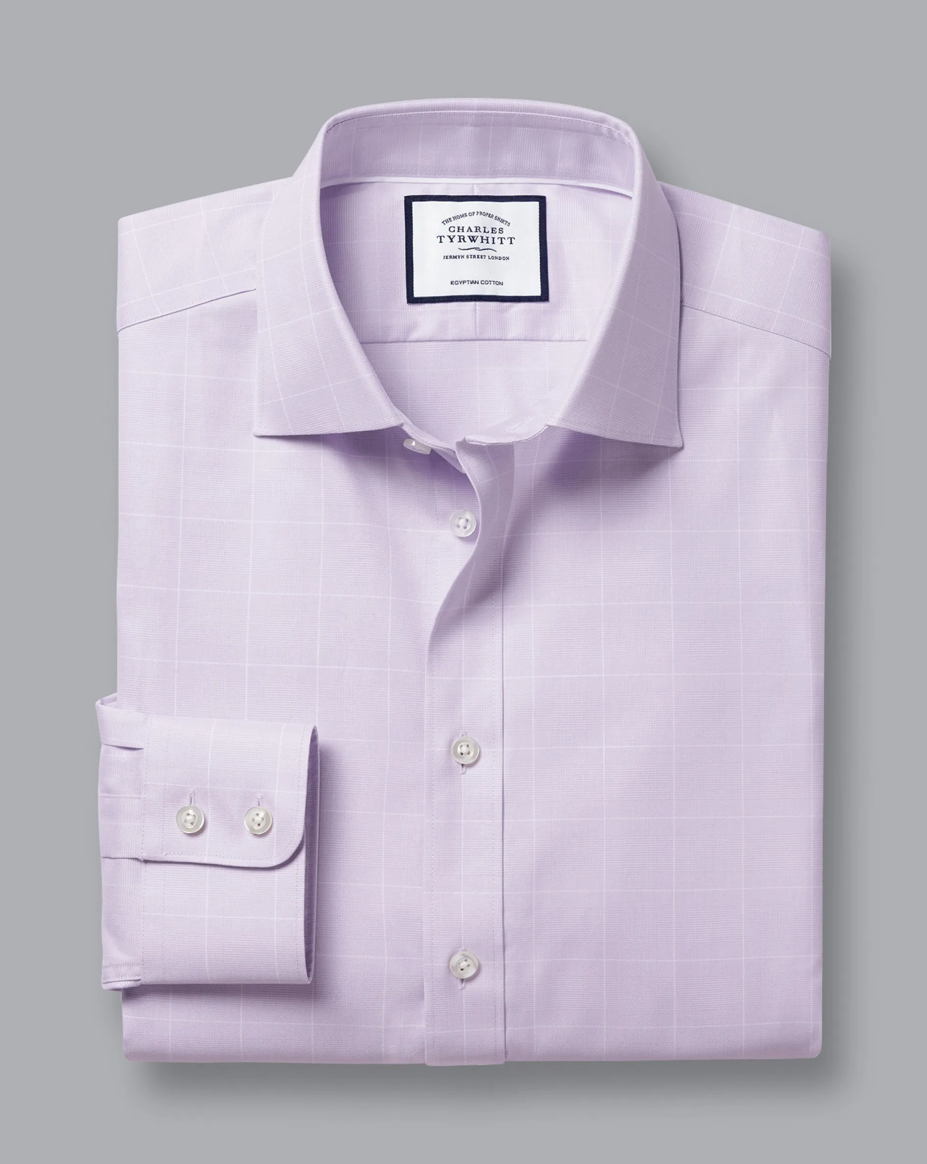 Store Charles Tyrwhitt Semi-Spread Collar Egyptian Cotton Twill Prince of Wales Check Shirt - Purple Lilac
