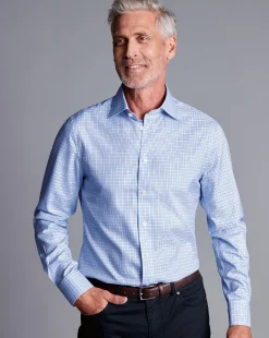 New Charles Tyrwhitt Semi-Spread Collar Egyptian Cotton Multi Check Shirt - Cornflower Blue