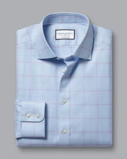 Hot Charles Tyrwhitt Semi-Spread Collar Egyptian Cotton Prince Of Wales Check Shirt - Blue Sky