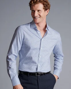 Flash Sale Charles Tyrwhitt Semi-Spread Collar Egyptian Cotton Twill Double Check Shirt - Ocean Blue