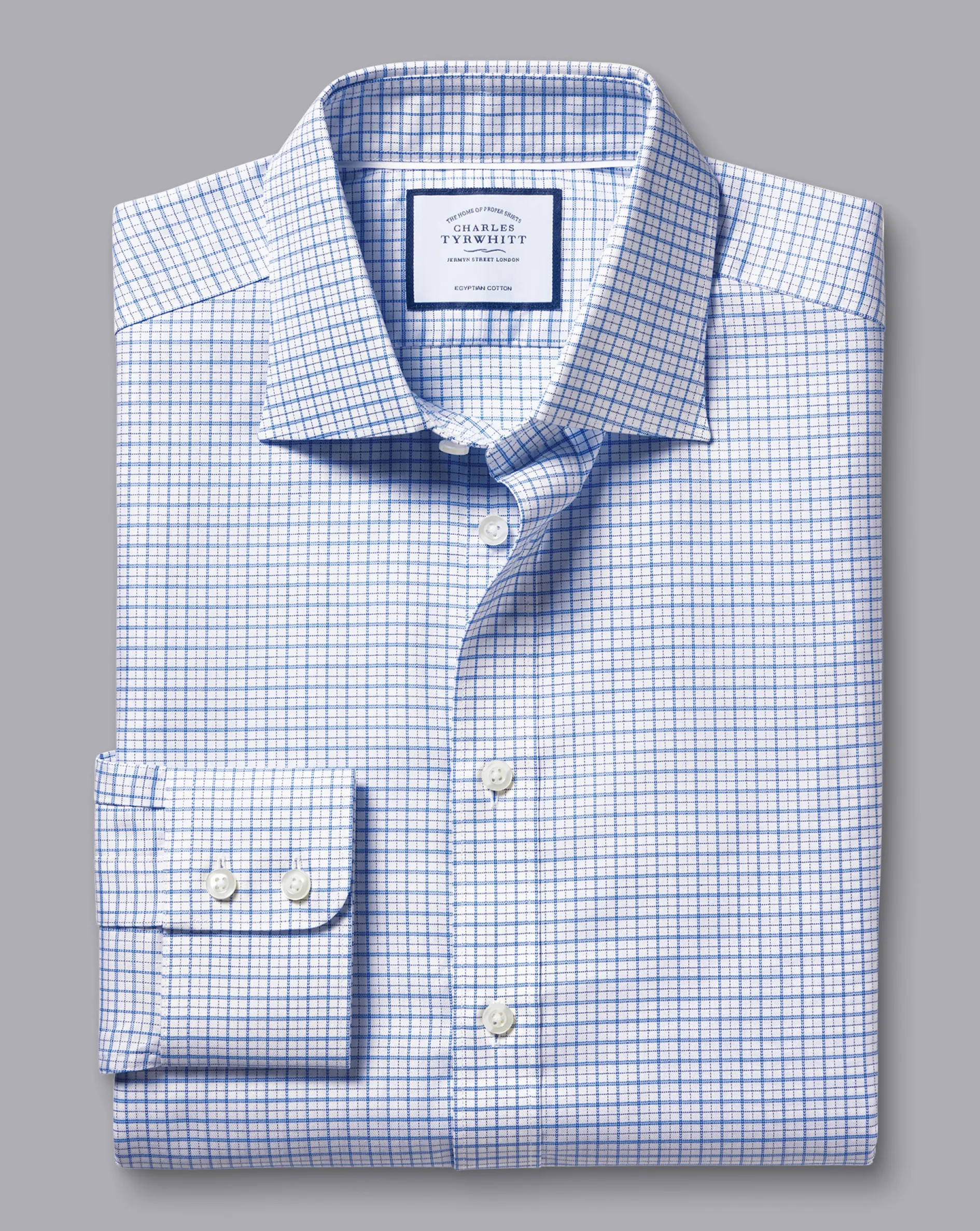 Flash Sale Charles Tyrwhitt Semi-Spread Collar Egyptian Cotton Twill Double Check Shirt - Ocean Blue