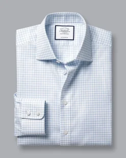Sale Charles Tyrwhitt Semi-Spread Collar Egyptian Cotton Twill Twin Check Shirt - Cornflower Blue