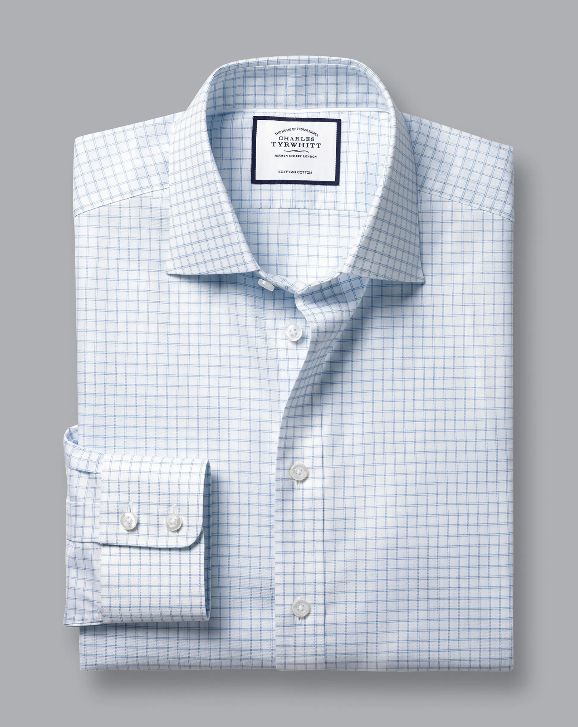 Sale Charles Tyrwhitt Semi-Spread Collar Egyptian Cotton Twill Twin Check Shirt - Cornflower Blue