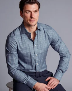 Best Charles Tyrwhitt Semi-Spread Collar Egyptian Cotton Twill Prince Of Wales Shirt - Steel Blue