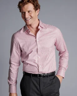 Best Charles Tyrwhitt Semi-Spread Collar Egyptian Cotton Twill Fine Check Shirt - Dark Pink