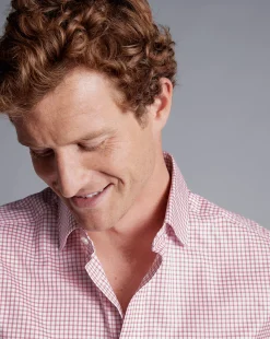 Best Charles Tyrwhitt Semi-Spread Collar Egyptian Cotton Twill Fine Check Shirt - Dark Pink