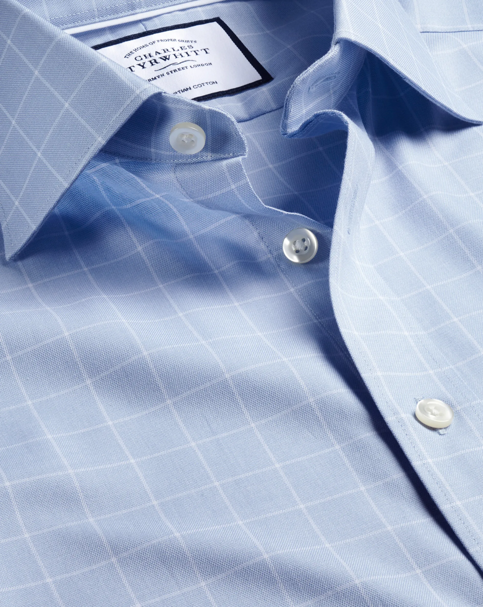 Sale Charles Tyrwhitt Semi-Spread Collar Egyptian Cotton Twill Check Shirt - Cornflower Blue