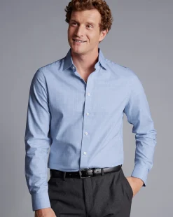 Sale Charles Tyrwhitt Semi-Spread Collar Egyptian Cotton Twill Check Shirt - Cornflower Blue