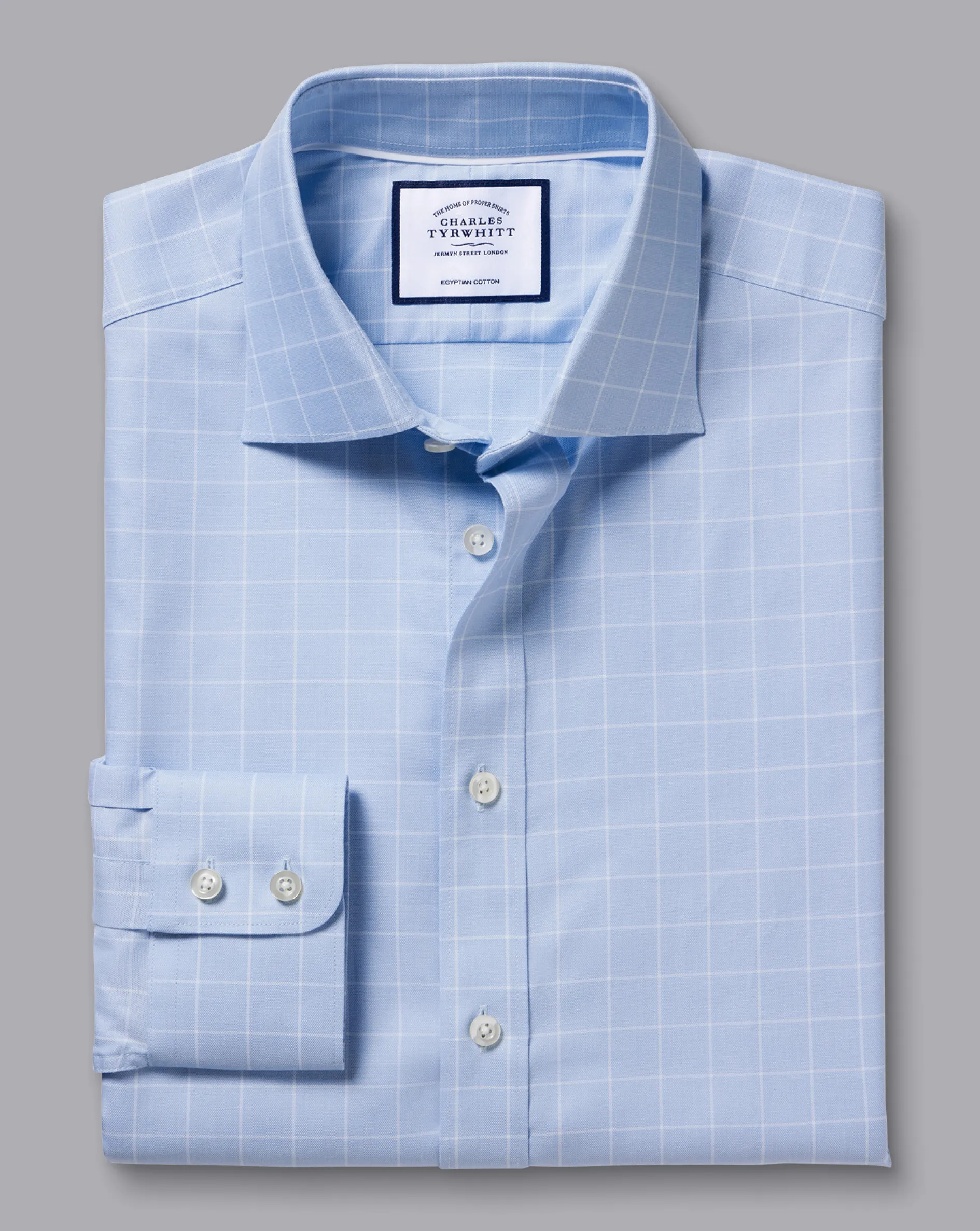 Sale Charles Tyrwhitt Semi-Spread Collar Egyptian Cotton Twill Check Shirt - Cornflower Blue