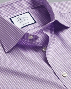 New Charles Tyrwhitt Semi-Spread Collar Egyptian Cotton Twill Gingham Check Shirt - Mauve Purple