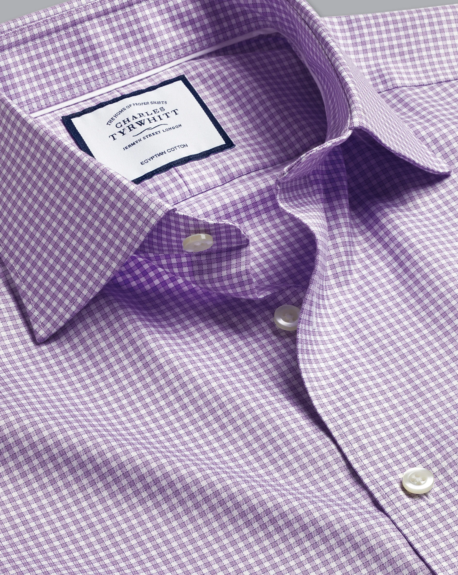 New Charles Tyrwhitt Semi-Spread Collar Egyptian Cotton Twill Gingham Check Shirt - Mauve Purple