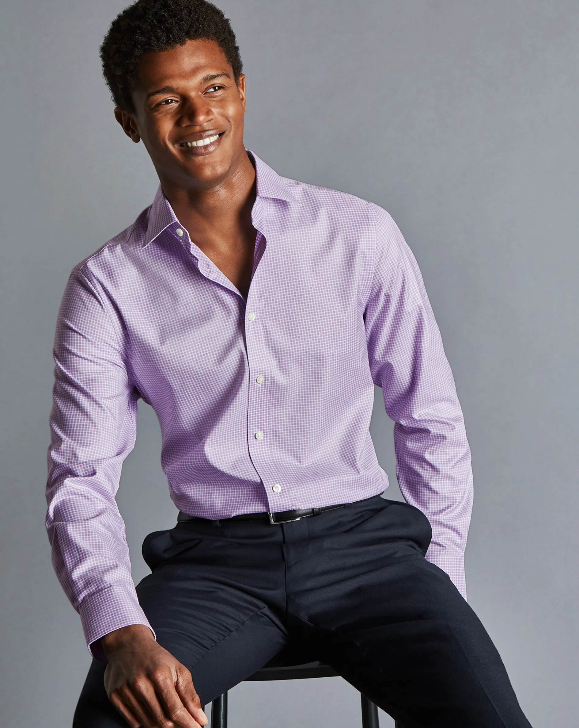 New Charles Tyrwhitt Semi-Spread Collar Egyptian Cotton Twill Gingham Check Shirt - Mauve Purple