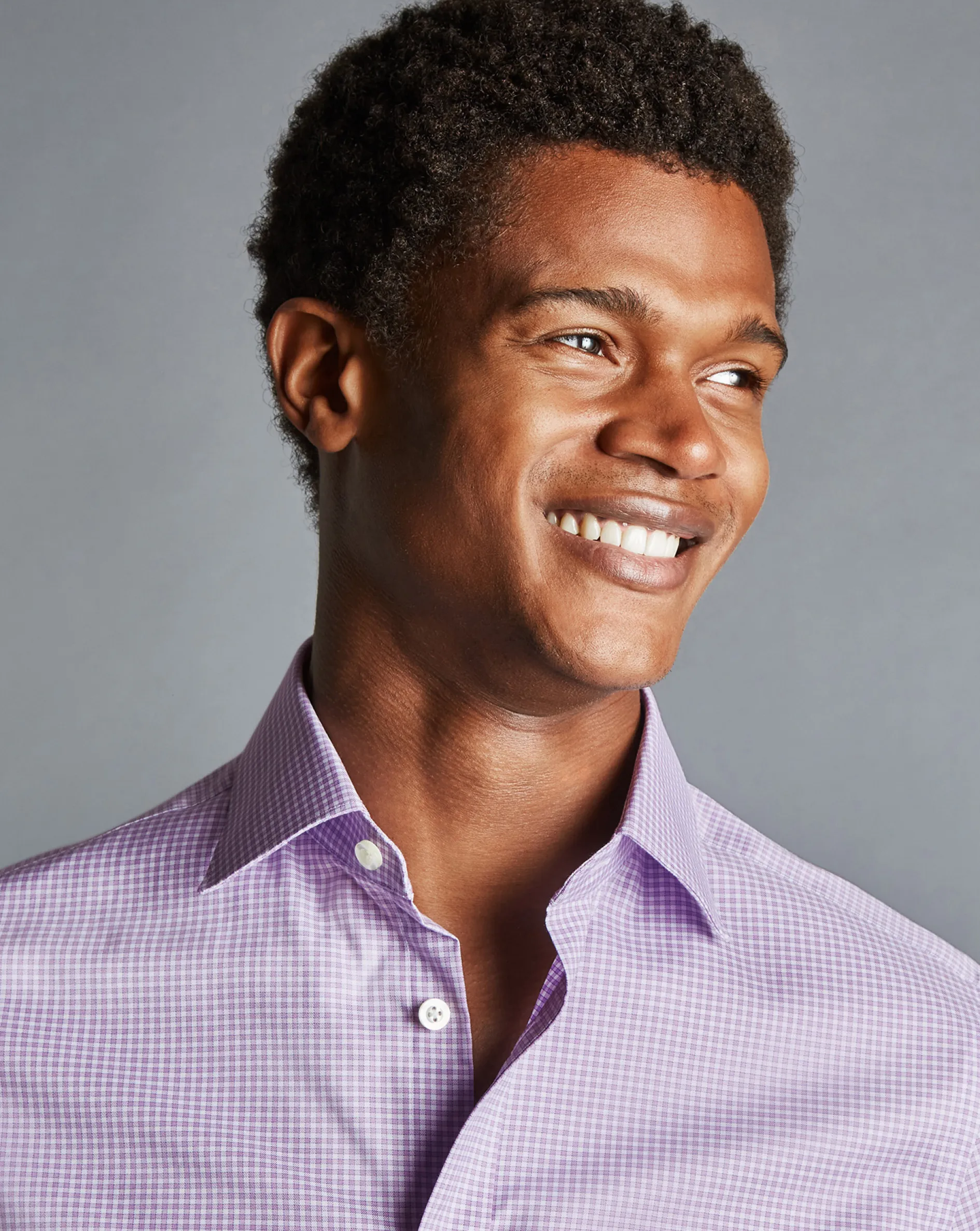 New Charles Tyrwhitt Semi-Spread Collar Egyptian Cotton Twill Gingham Check Shirt - Mauve Purple