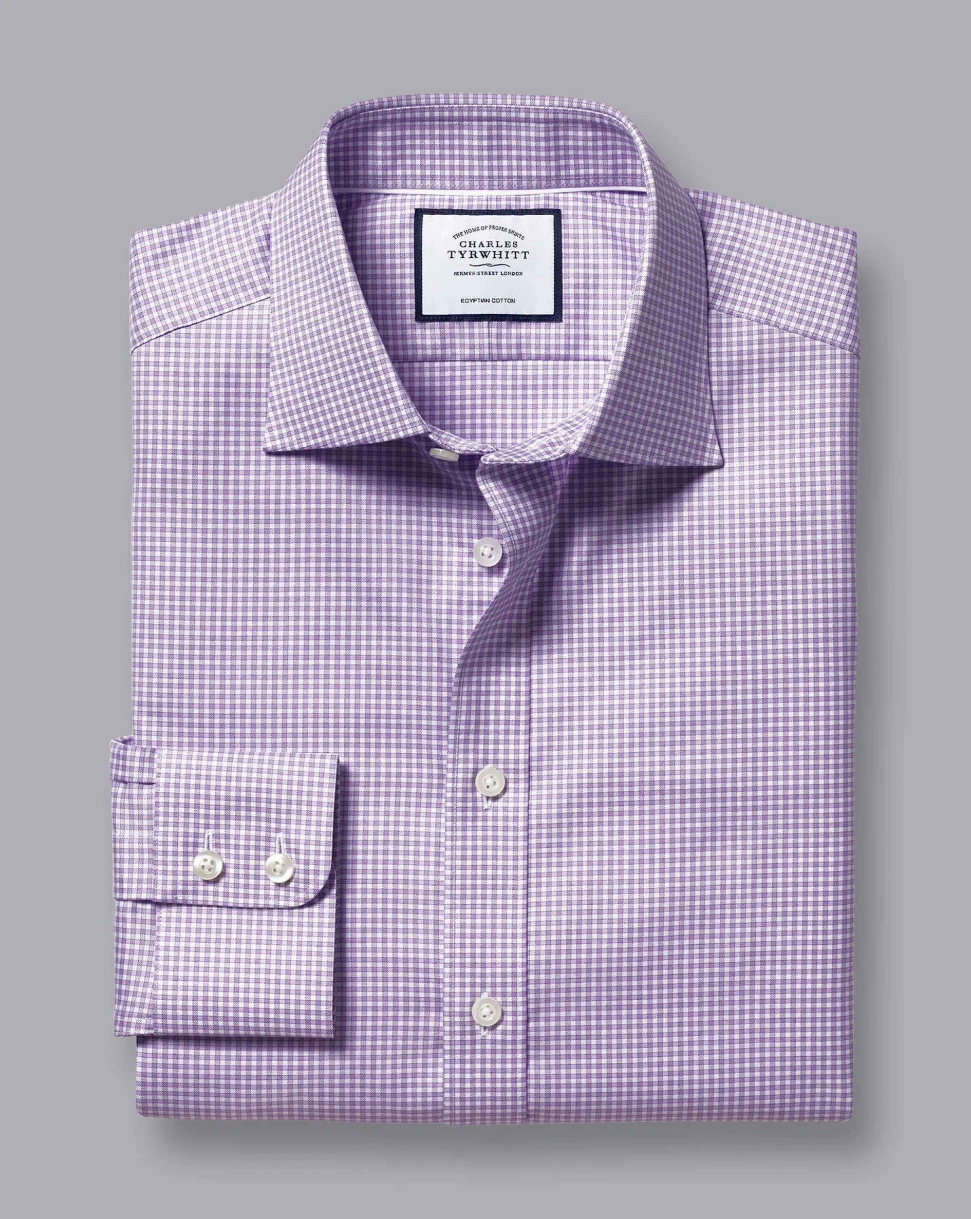 New Charles Tyrwhitt Semi-Spread Collar Egyptian Cotton Twill Gingham Check Shirt - Mauve Purple