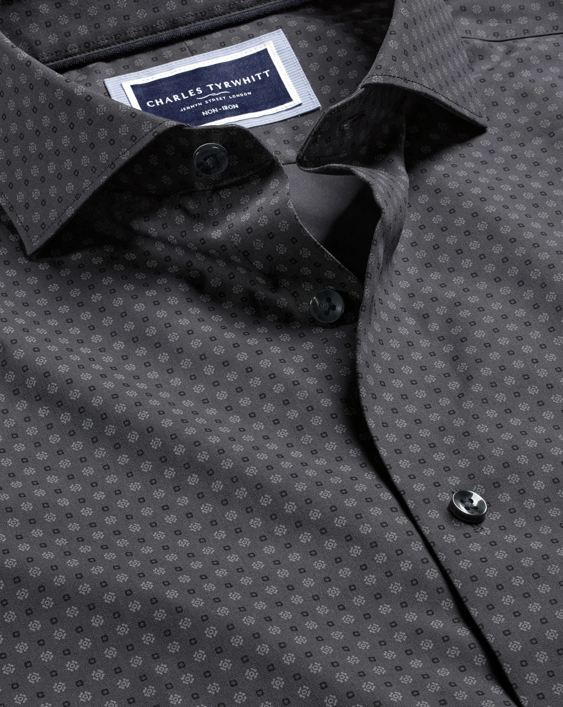 Cheap Charles Tyrwhitt Semi-Spread Collar Medallion Print Non-Iron Shirt - Grey Charcoal