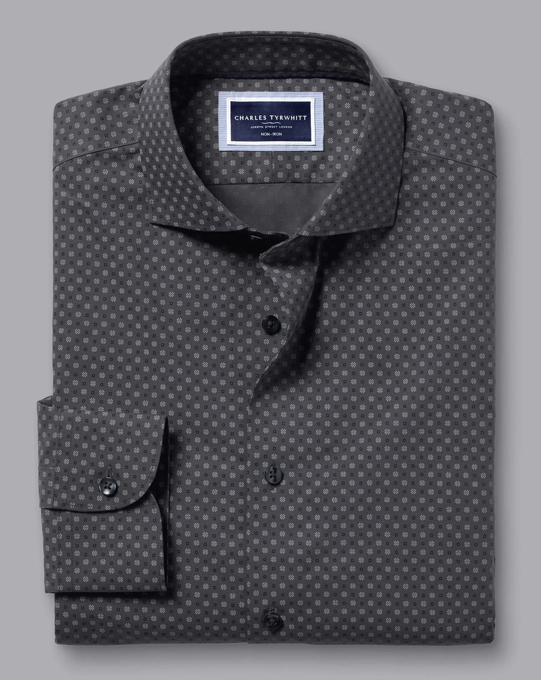 Cheap Charles Tyrwhitt Semi-Spread Collar Medallion Print Non-Iron Shirt - Grey Charcoal