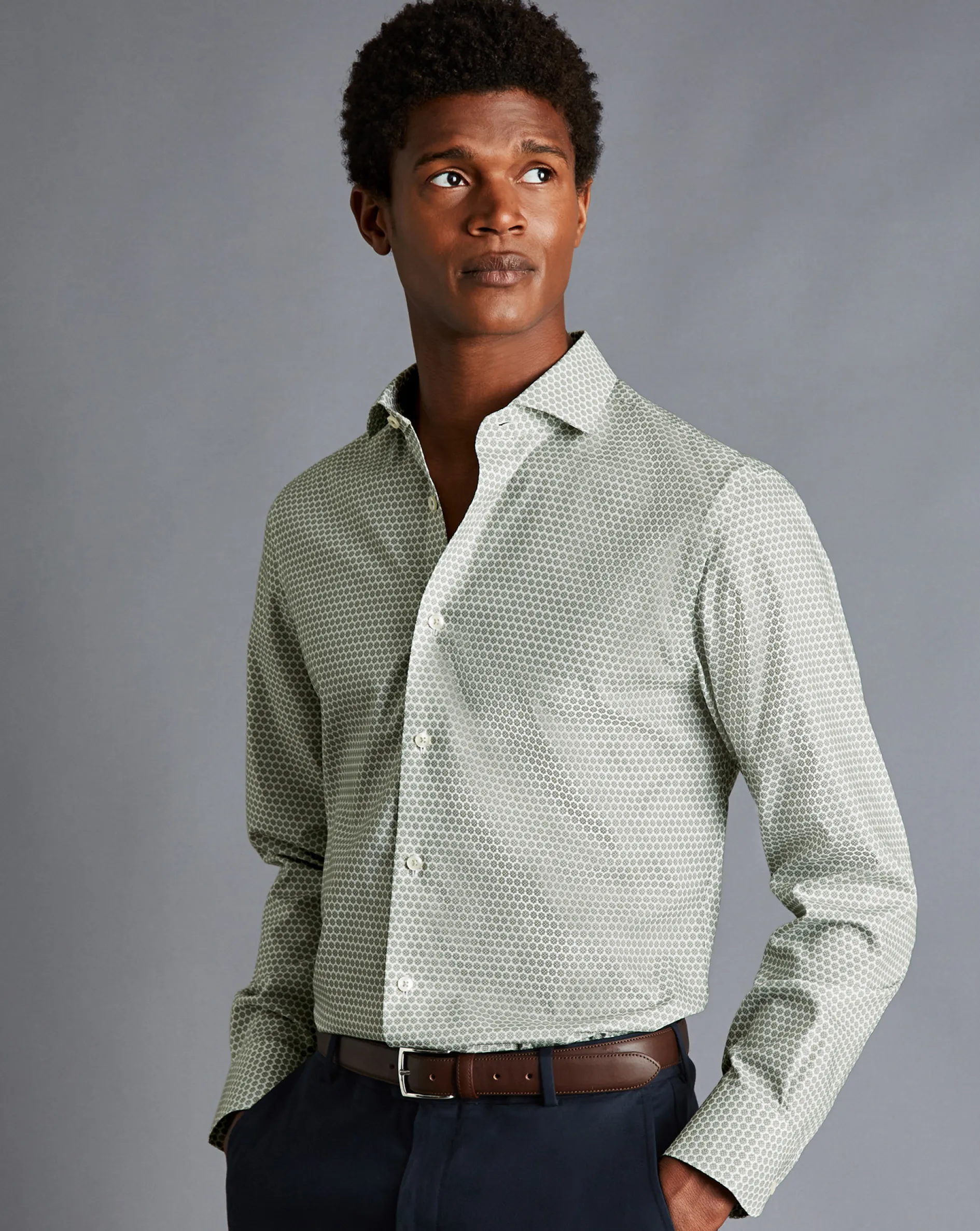Flash Sale Charles Tyrwhitt Semi-Spread Collar Non-Iron Decorative Print Shirt - Green Olive