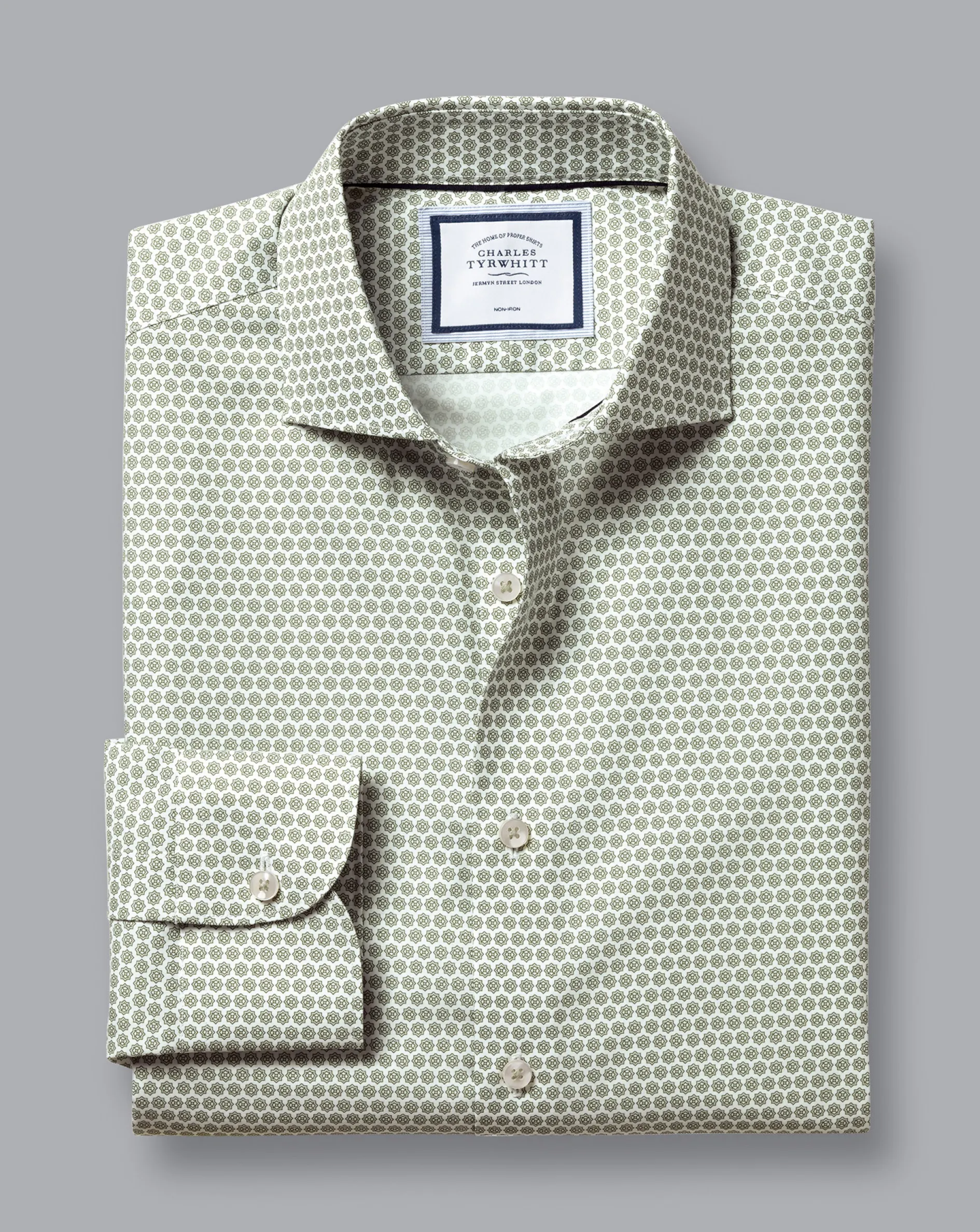 Flash Sale Charles Tyrwhitt Semi-Spread Collar Non-Iron Decorative Print Shirt - Green Olive
